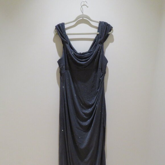 ALEX EVENINGS Cowl Neck Cap Sleeve Glitter Maxi Gown Dress in Dark Gray Cocktail - Picture 4 of 14